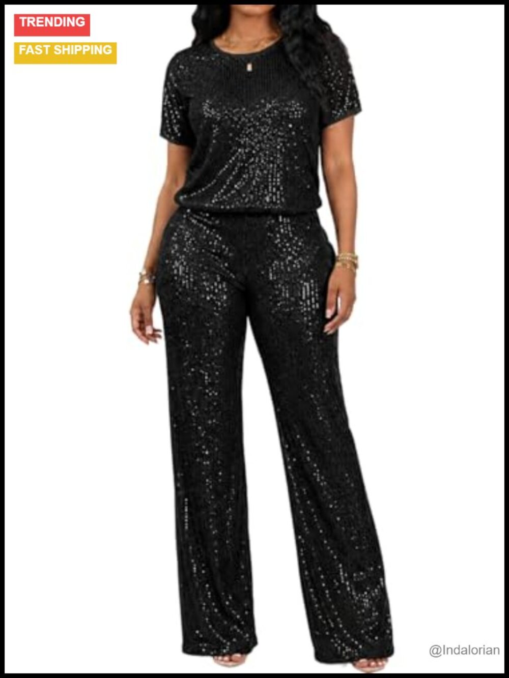 Full Sequin Pants Set Crewneck Short Sleeve Party Outfit